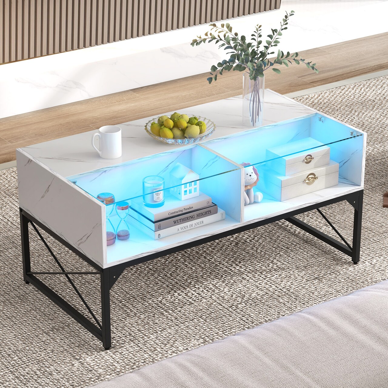 Rectangle LED Coffee Table with Split Faux Marble Glass Top and 4 Storage Cubes for Living Room